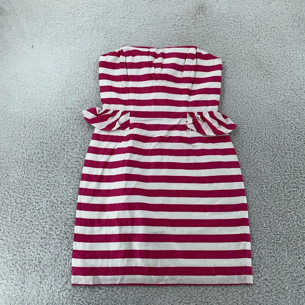 Lilly Pulitzer Strapless Peplum Dress Womens 0 Striped Pink White Ruffle Cockail